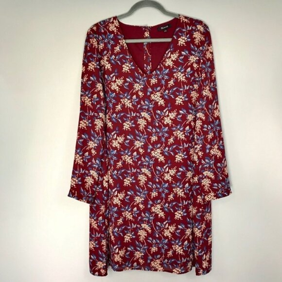 Madewell Burgundy Red Antique Floral Long Sleeve V-Neck Button-Back Shift Dress - Picture 9 of 16